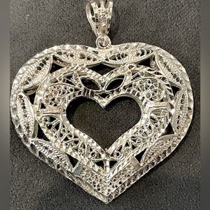 Vintage Filigree Diamond Cut Puffy Open Heart LARGE Silver Pendant Shiny